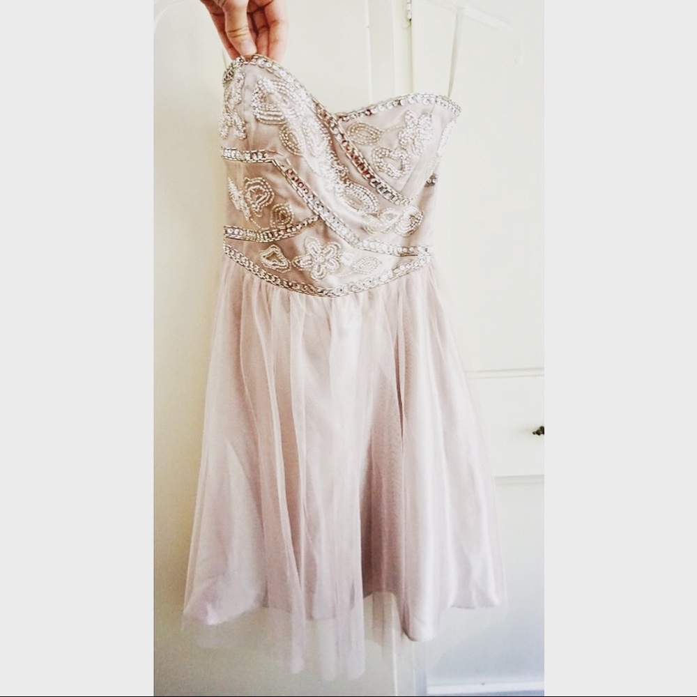 Unique beige strapless mini party dress